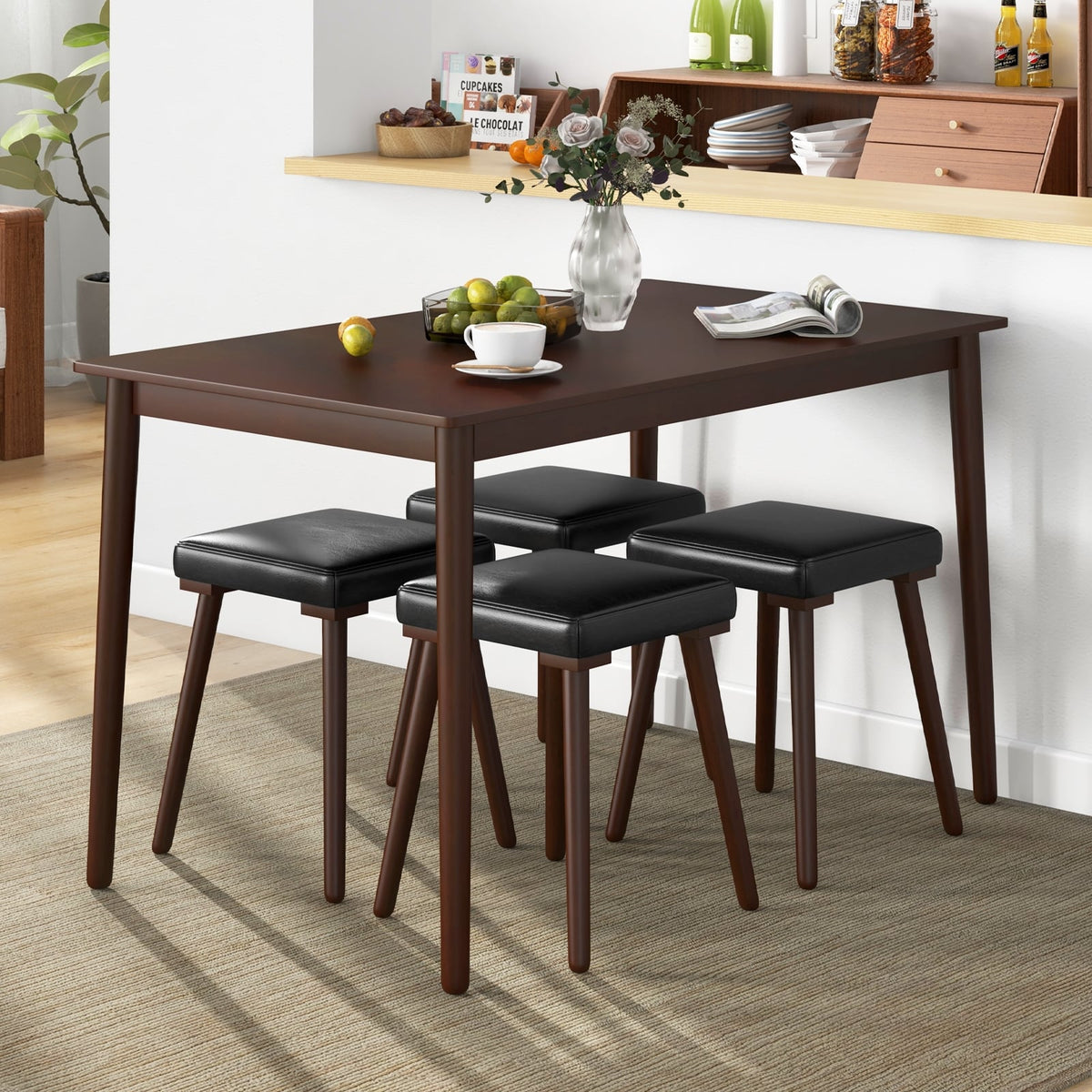 5 Piece Dining Table Set for 4 with 4 Upholstered Stools and Rubber Wood Legs-Brown-Dining Room Sets-DECOROLALA
