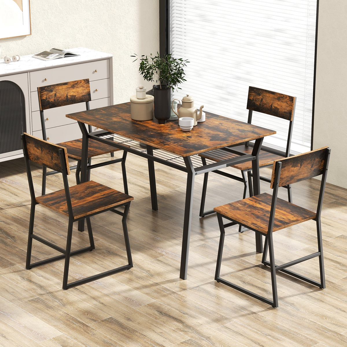 5 Piece Dining Table Set with Storage Rack and Metal Frame-Coffee-Dining Room Sets-DECOROLALA