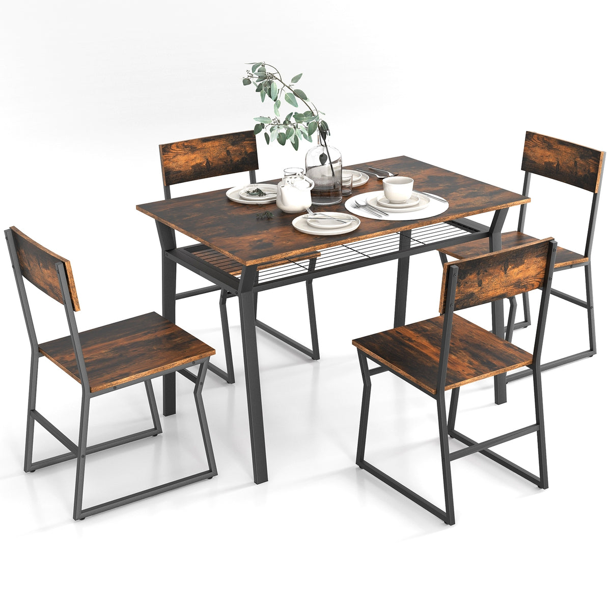 5 Piece Dining Table Set with Storage Rack and Metal Frame-Coffee-Dining Room Sets-DECOROLALA