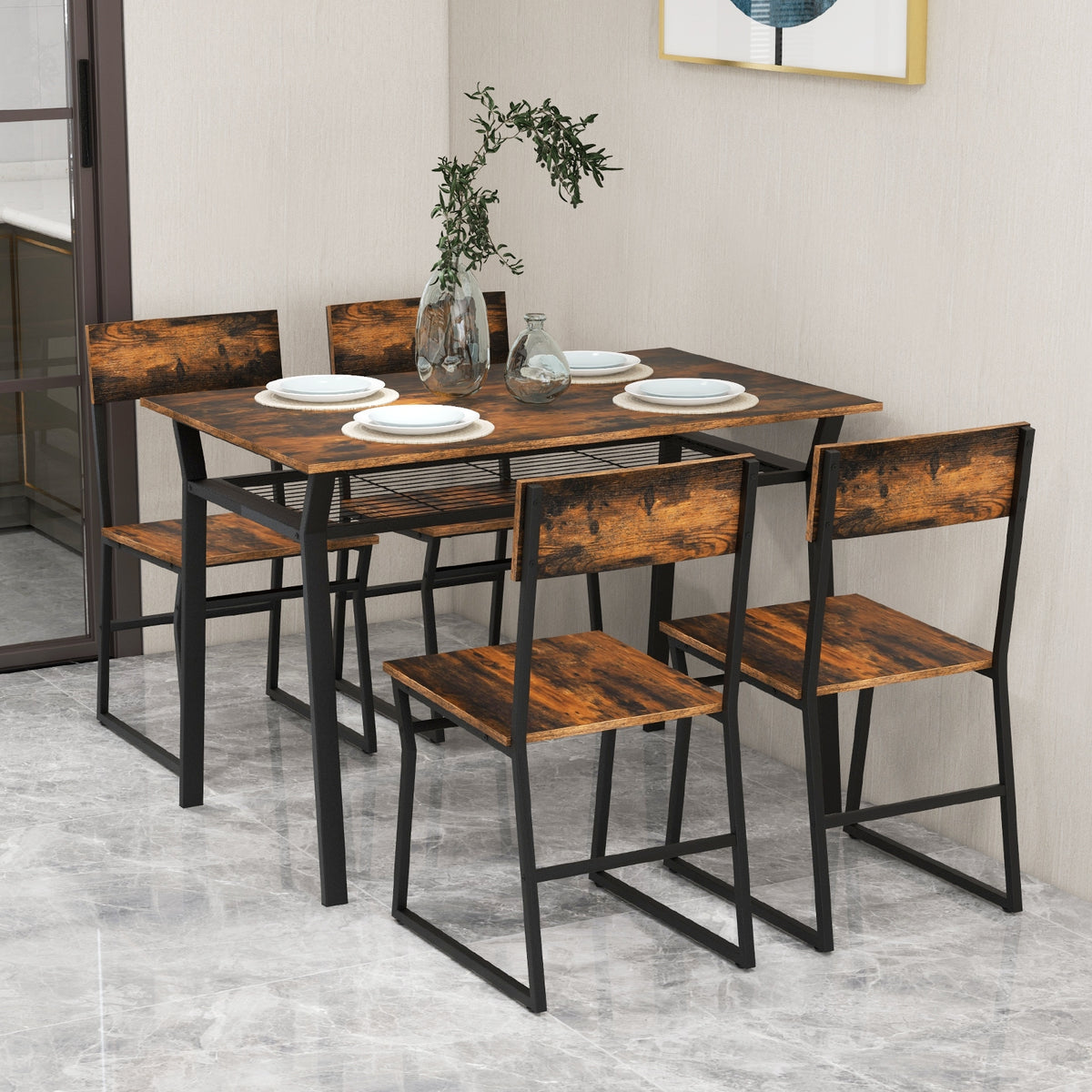 5 Piece Dining Table Set with Storage Rack and Metal Frame-Coffee-Dining Room Sets-DECOROLALA