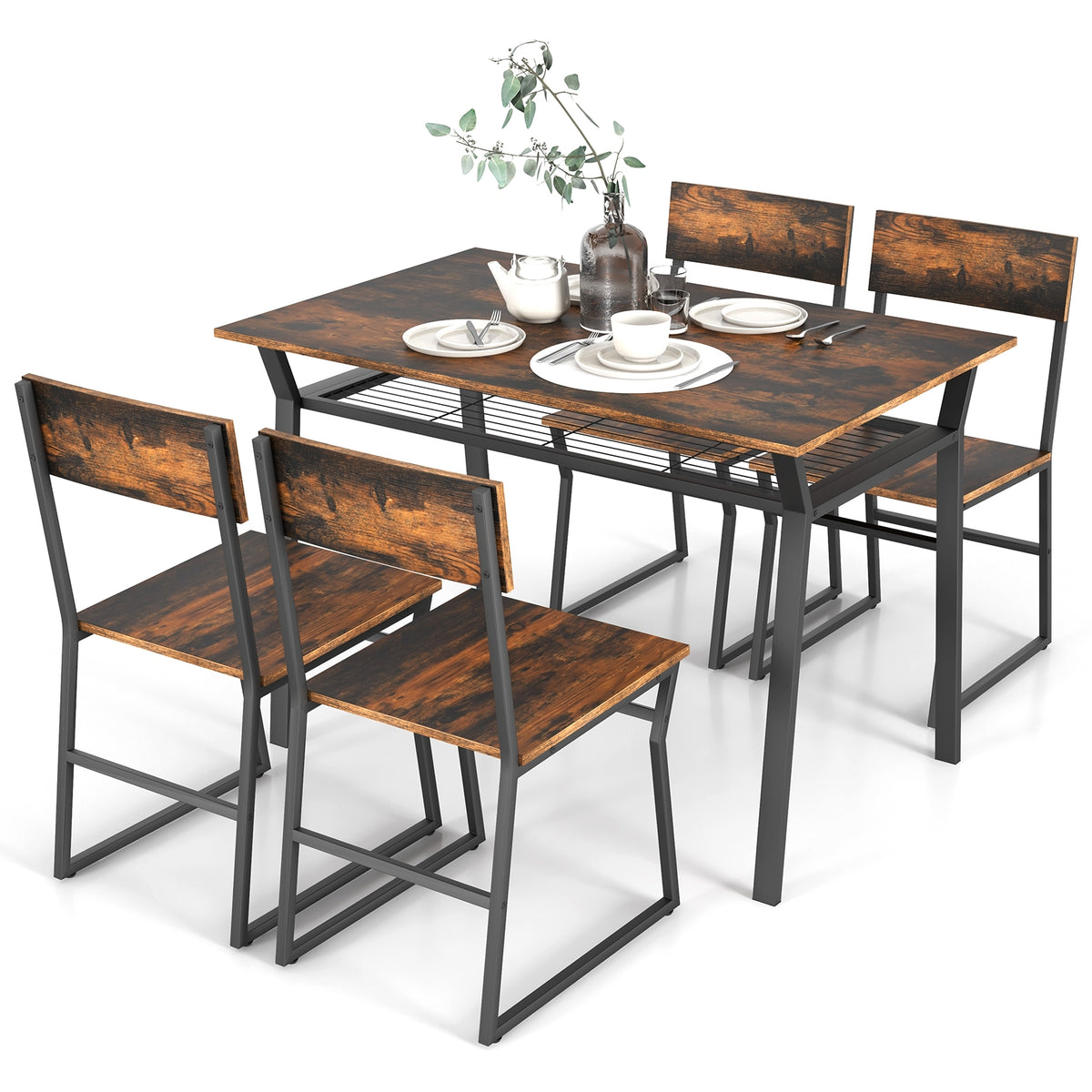 5 Piece Dining Table Set with Storage Rack and Metal Frame-Coffee-Dining Room Sets-DECOROLALA
