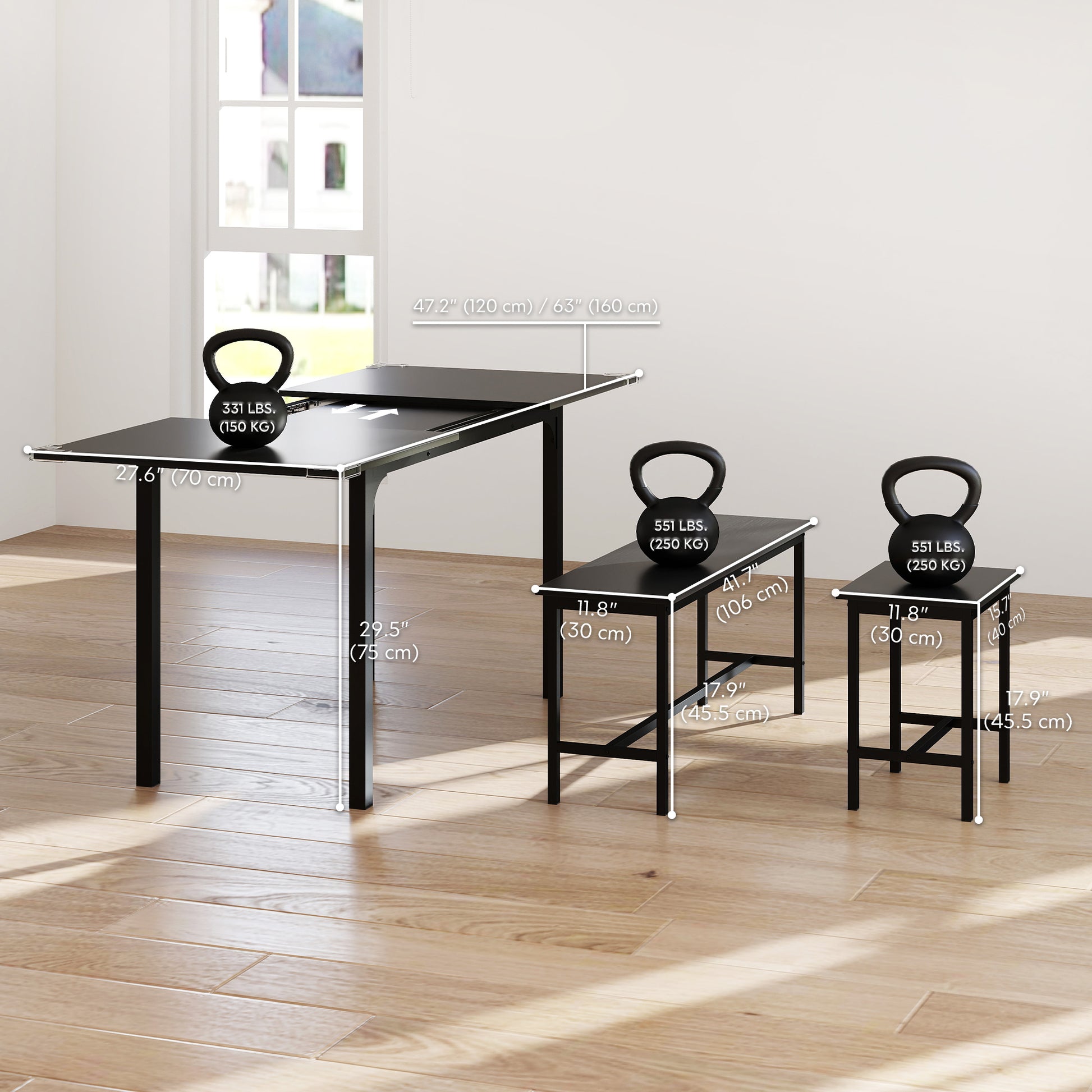 5-Piece Extendable Dining Set - Black Table with Benches-DECOROLALA