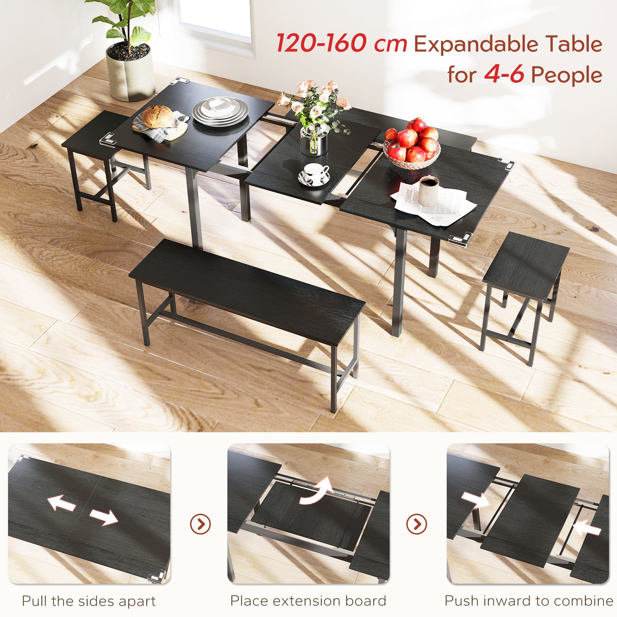 5-Piece Extendable Dining Set - Black Table with Benches-DECOROLALA
