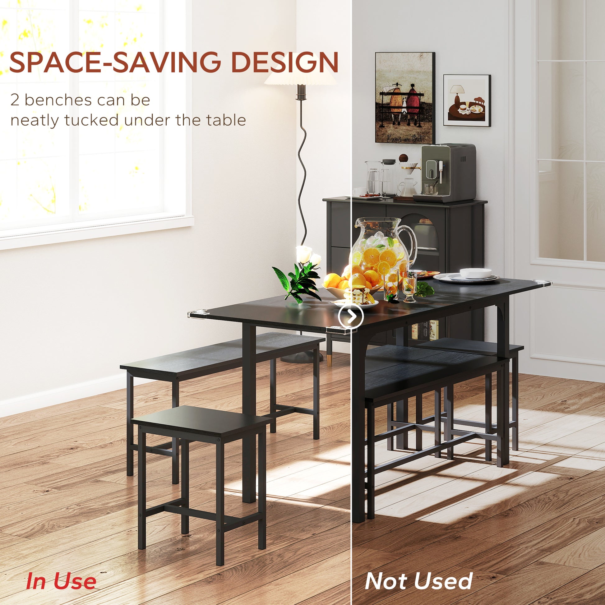 5-Piece Extendable Dining Set - Black Table with Benches-DECOROLALA