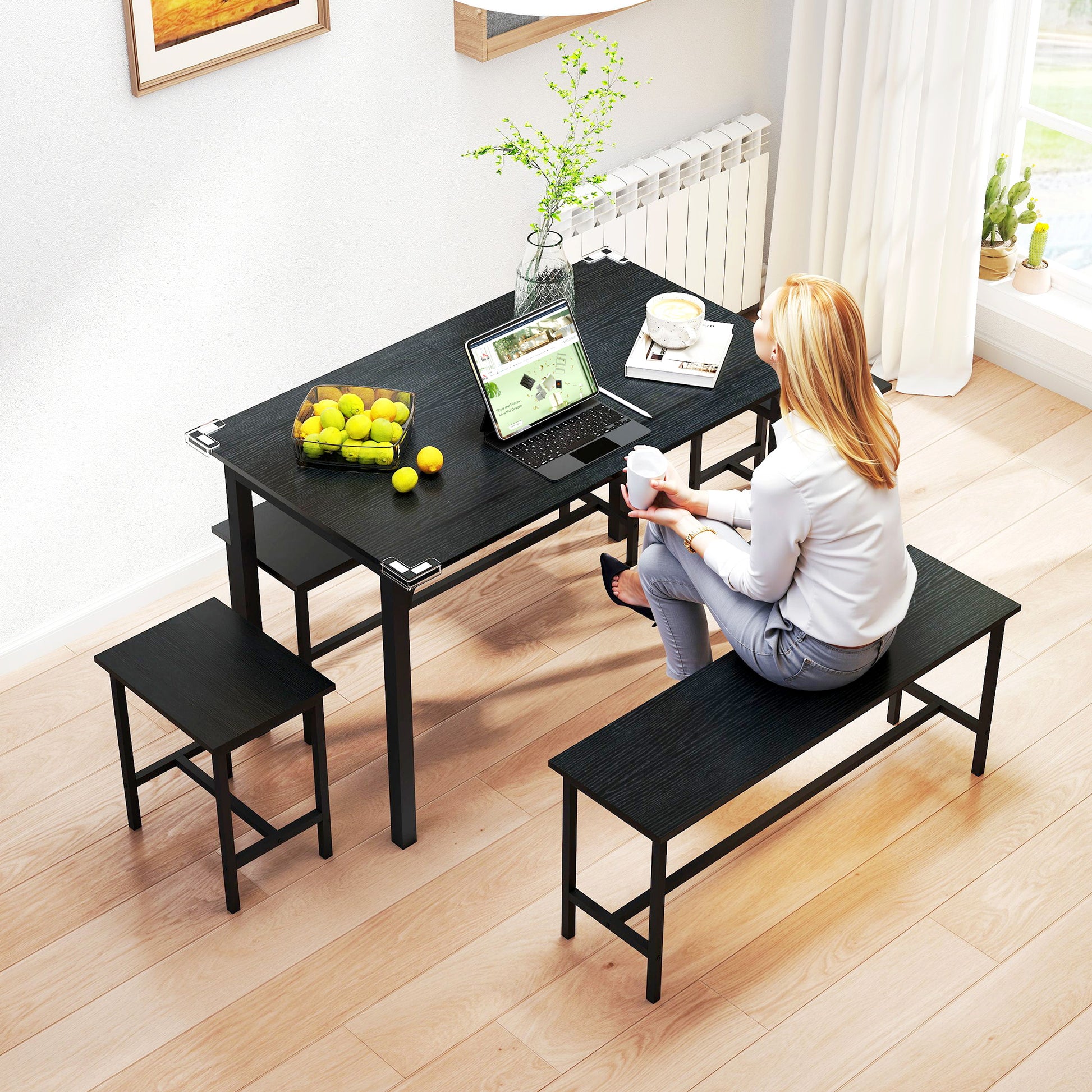 5-Piece Extendable Dining Set - Black Table with Benches-DECOROLALA