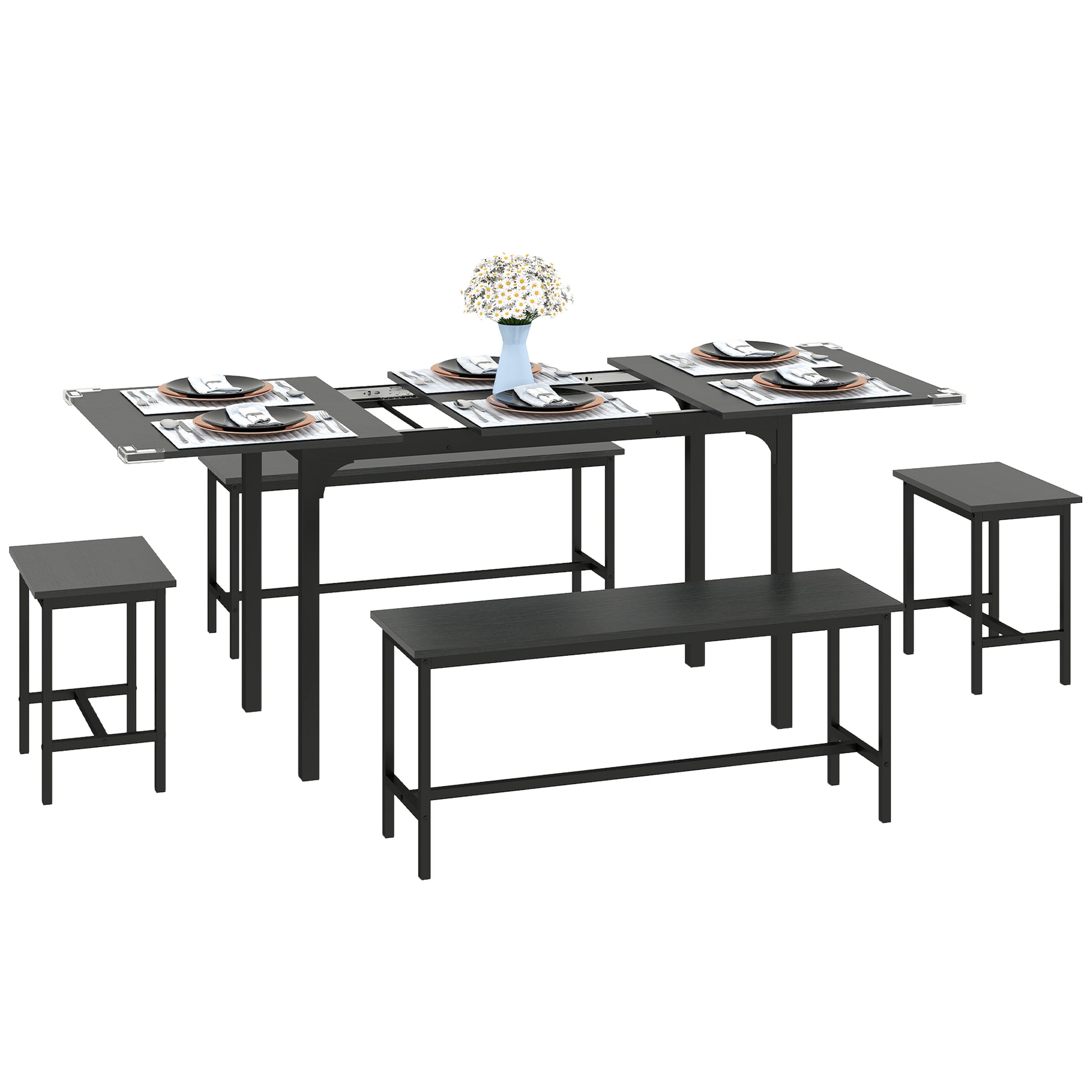5-Piece Extendable Dining Set - Black Table with Benches-DECOROLALA