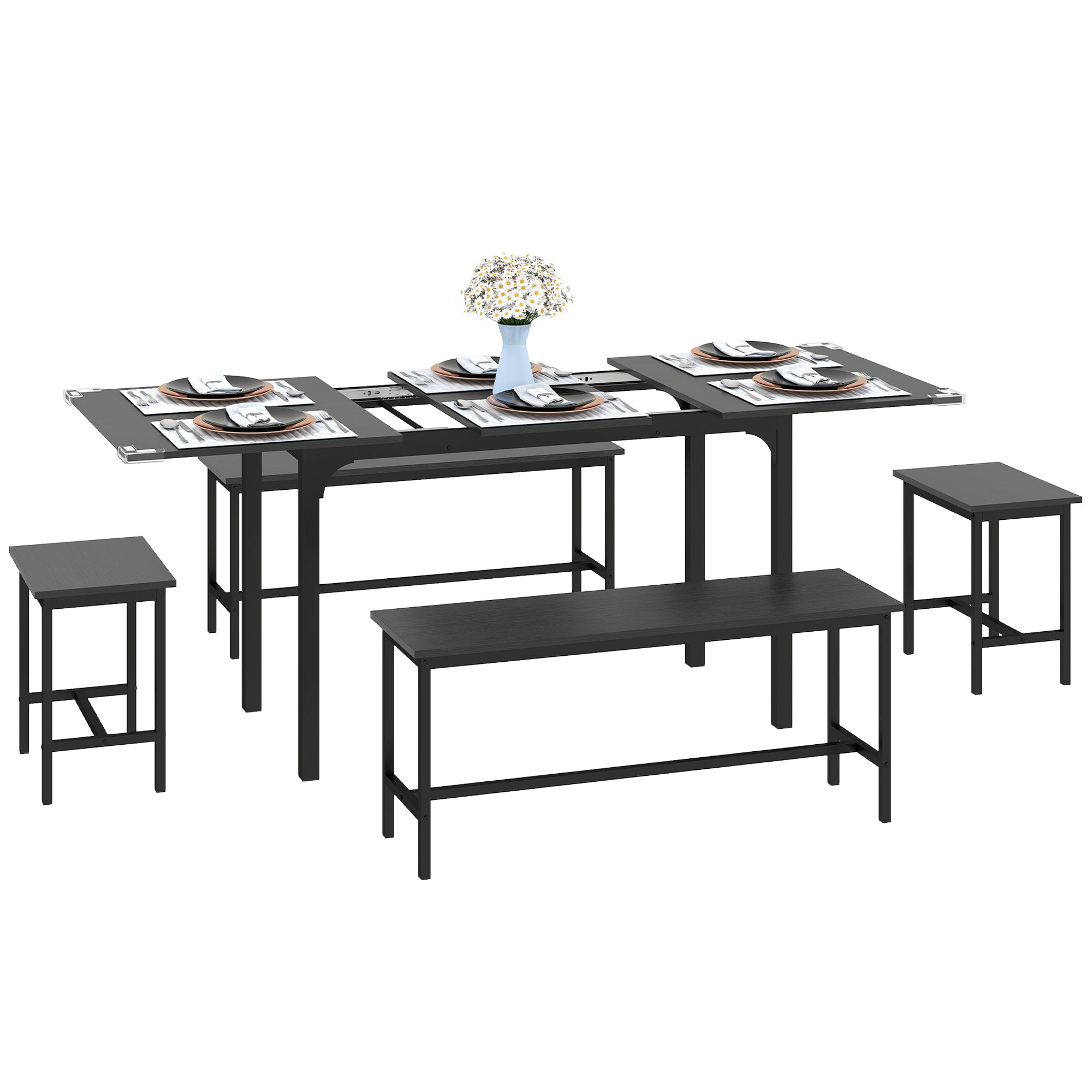 5-Piece Extendable Dining Set - Black Table with Benches-DECOROLALA