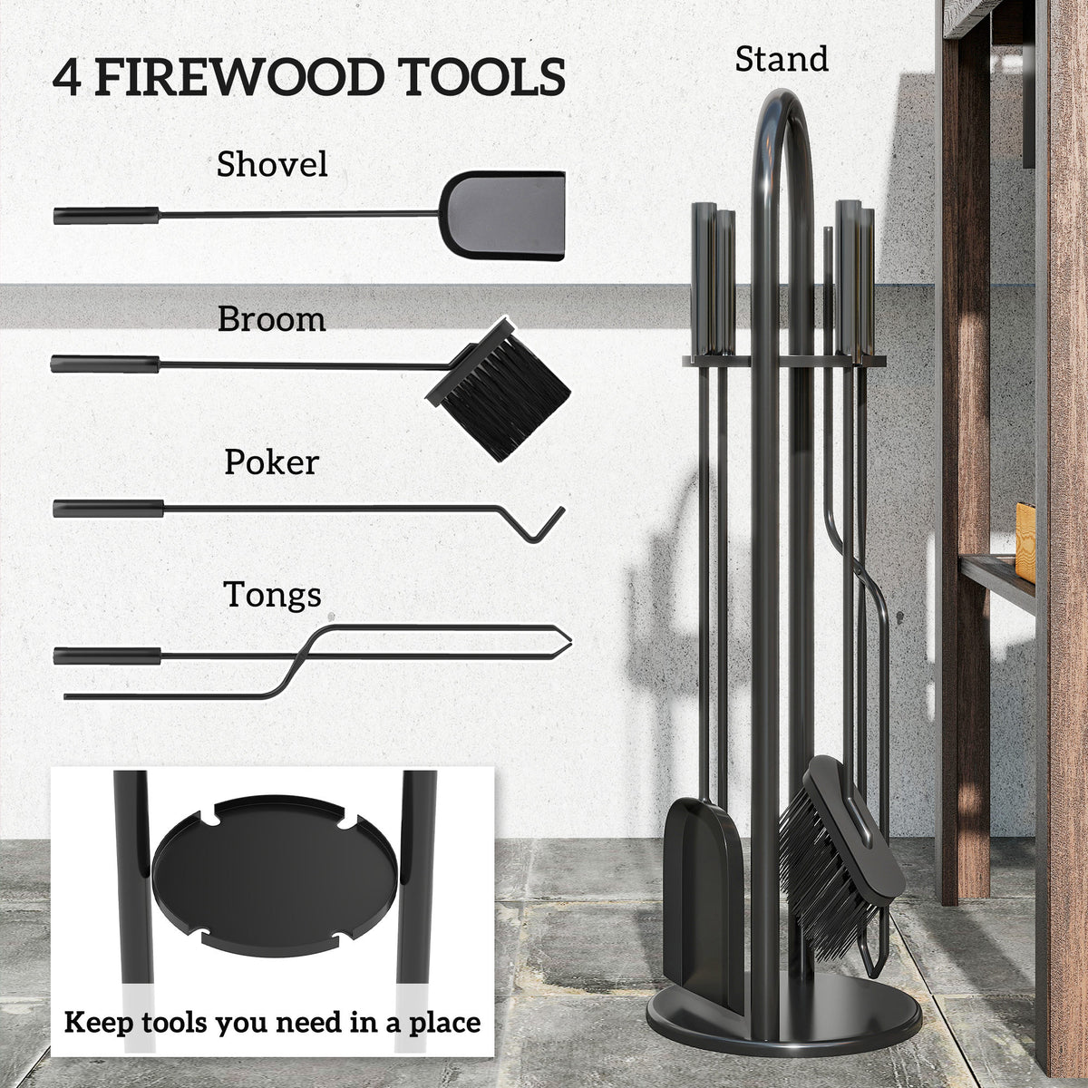5-Piece Fireplace Tools Set - Black Metal 28" Stand-Fireplace Accessories-DECOROLALA