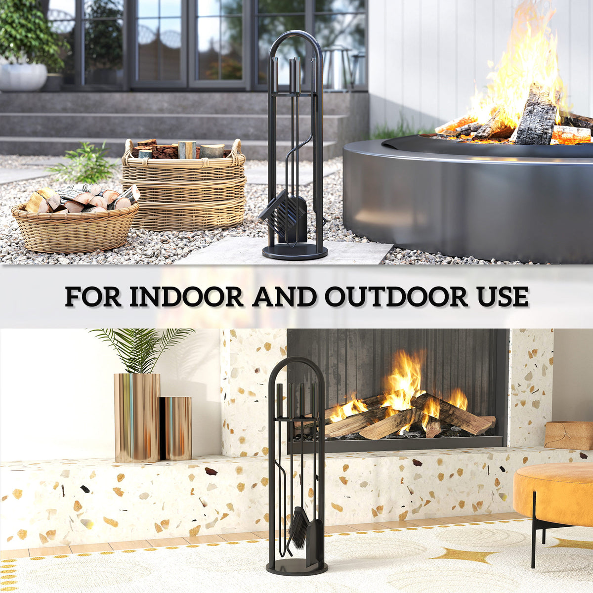 5-Piece Fireplace Tools Set - Black Metal 28" Stand-Fireplace Accessories-DECOROLALA