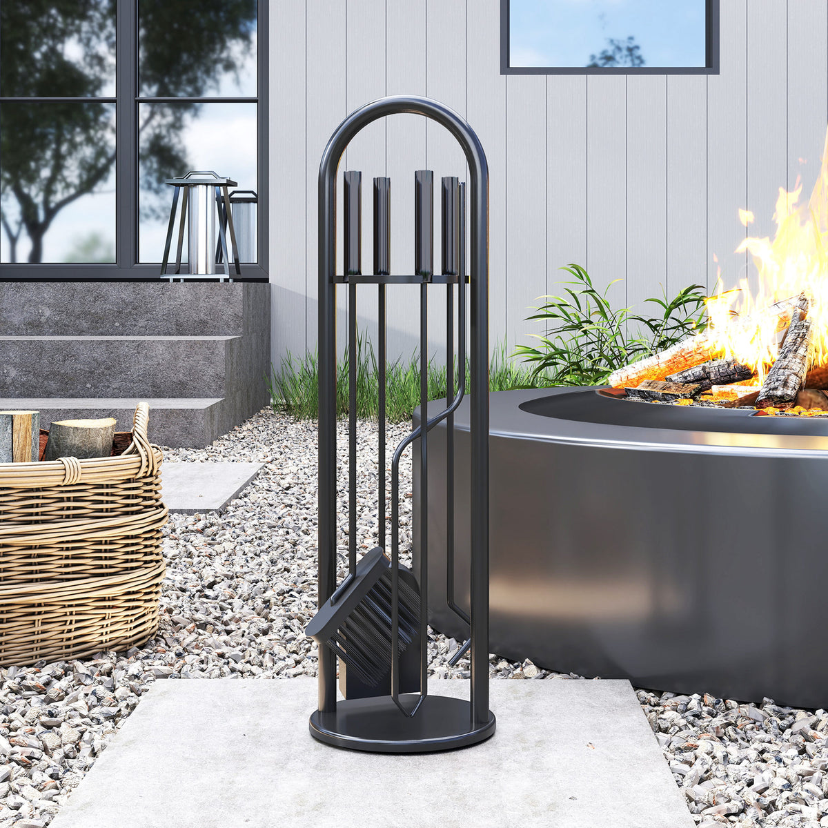 5-Piece Fireplace Tools Set - Black Metal 28" Stand-Fireplace Accessories-DECOROLALA