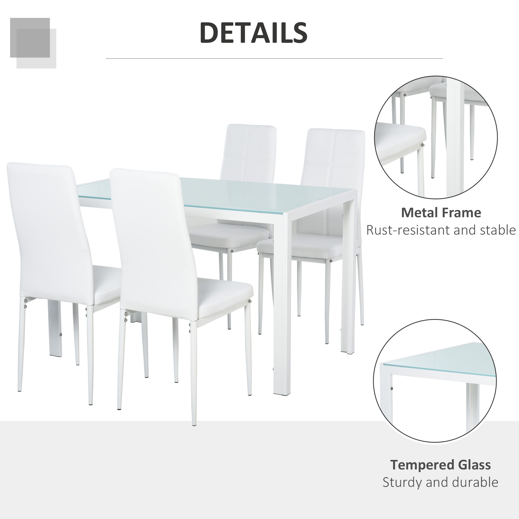 5-Piece Glass Dining Table Set - White Metal Frame-DECOROLALA