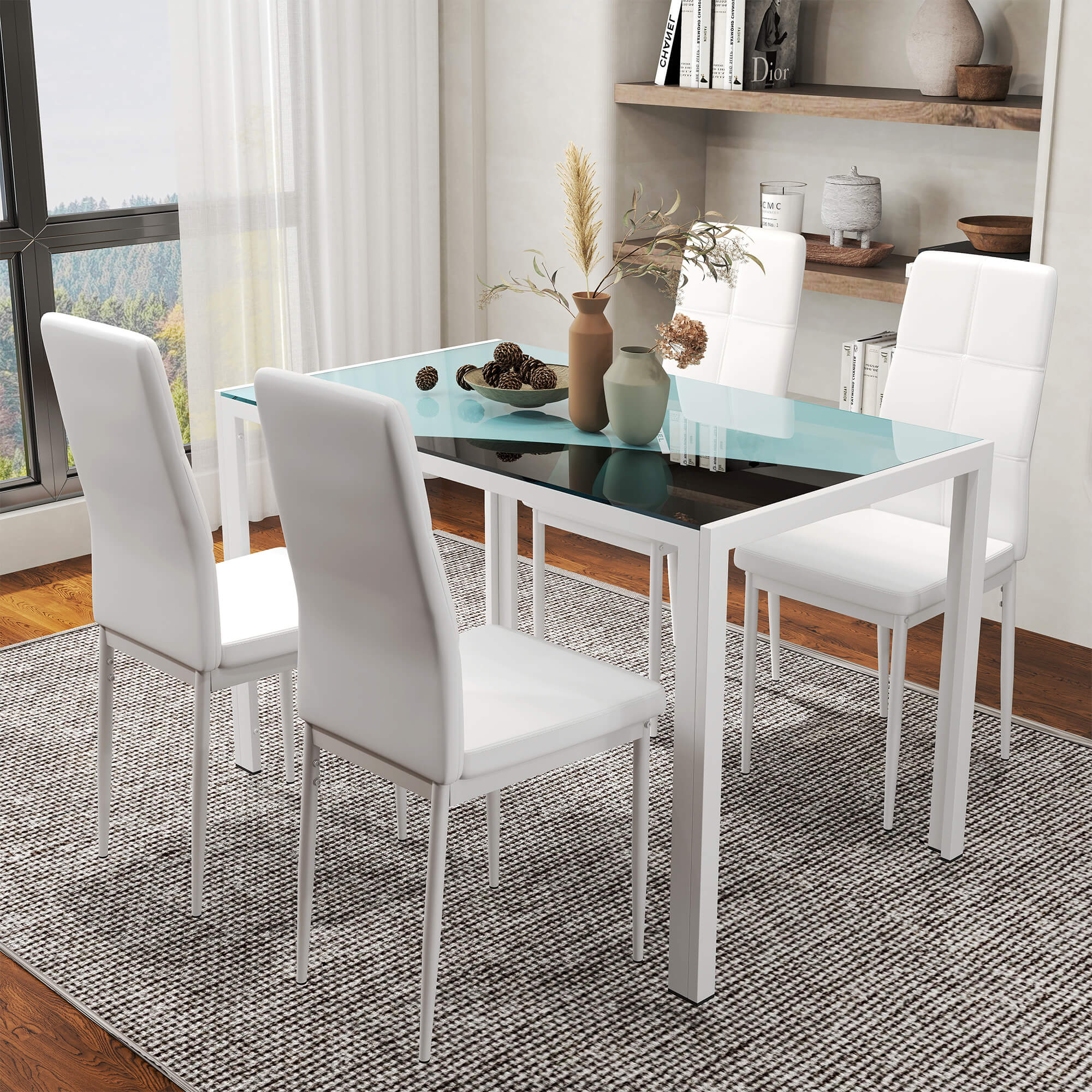 5-Piece Glass Dining Table Set - White Metal Frame-DECOROLALA