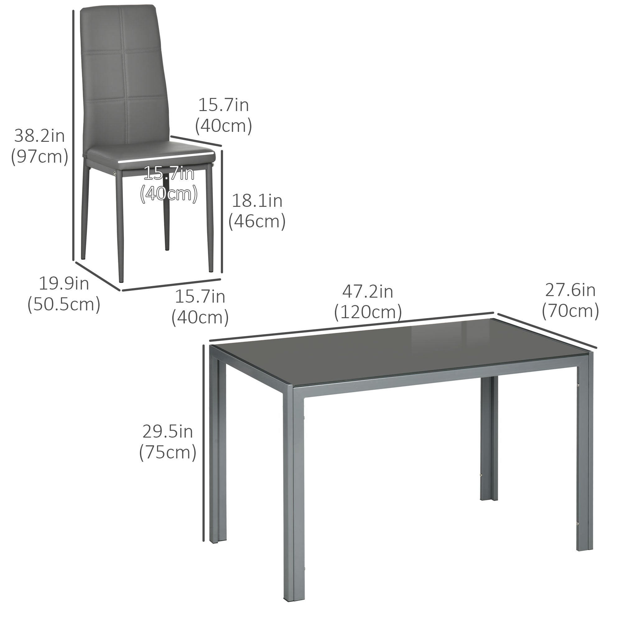 5-Piece Glass Kitchen Table & Chairs, Grey Metal Faux Leather Dining Set-DECOROLALA