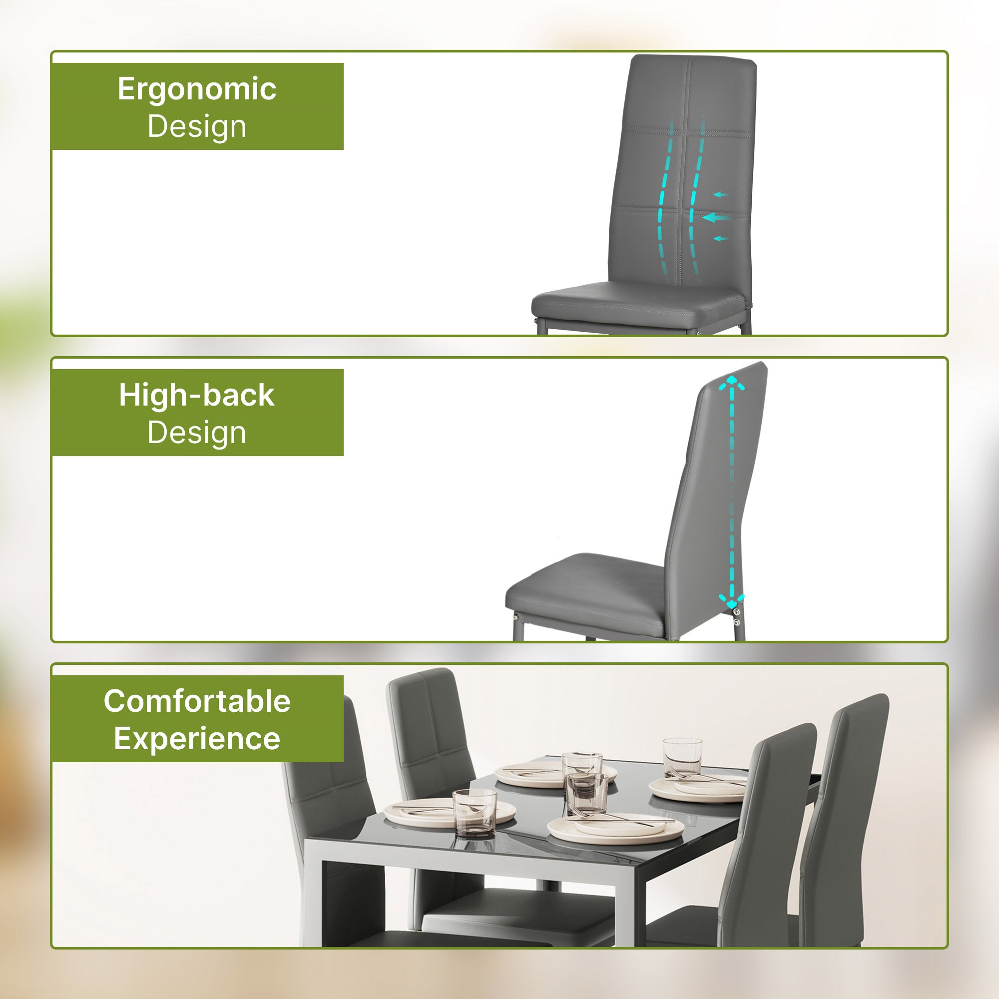 5-Piece Glass Kitchen Table & Chairs, Grey Metal Faux Leather Dining Set-DECOROLALA