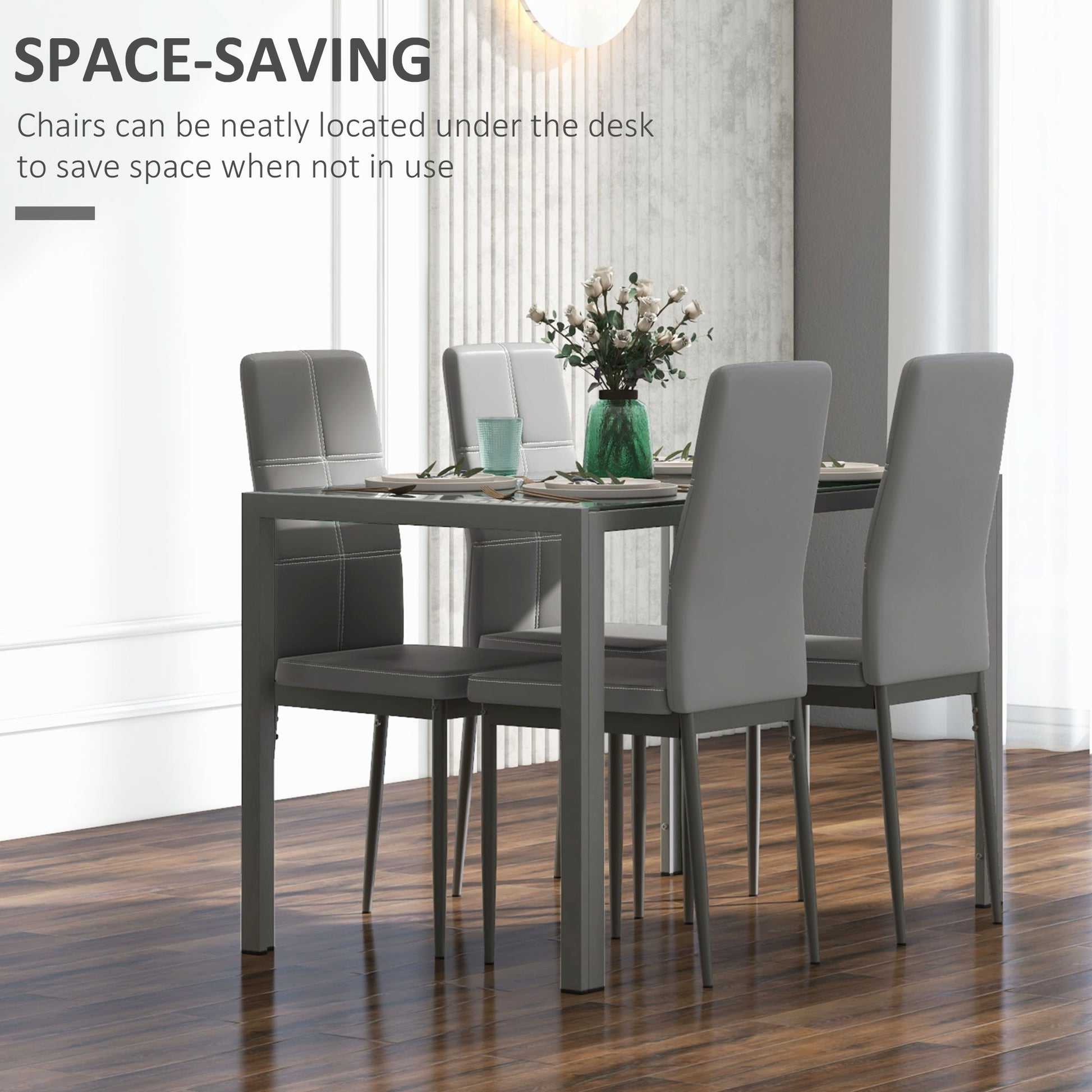 5-Piece Glass Kitchen Table & Chairs, Grey Metal Faux Leather Dining Set-DECOROLALA