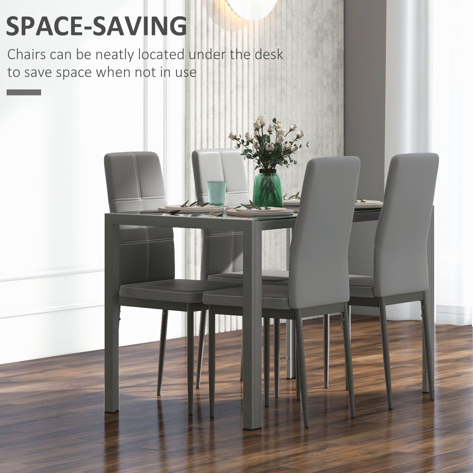 5-Piece Glass Kitchen Table & Chairs, Grey Metal Faux Leather Dining Set-DECOROLALA