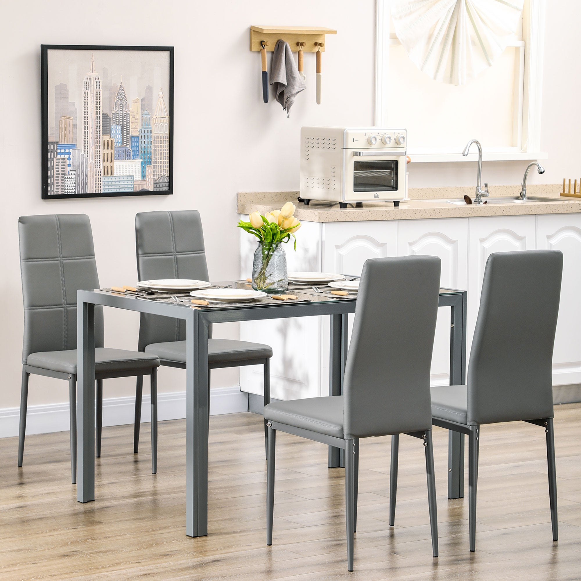 5-Piece Glass Kitchen Table & Chairs, Grey Metal Faux Leather Dining Set-DECOROLALA