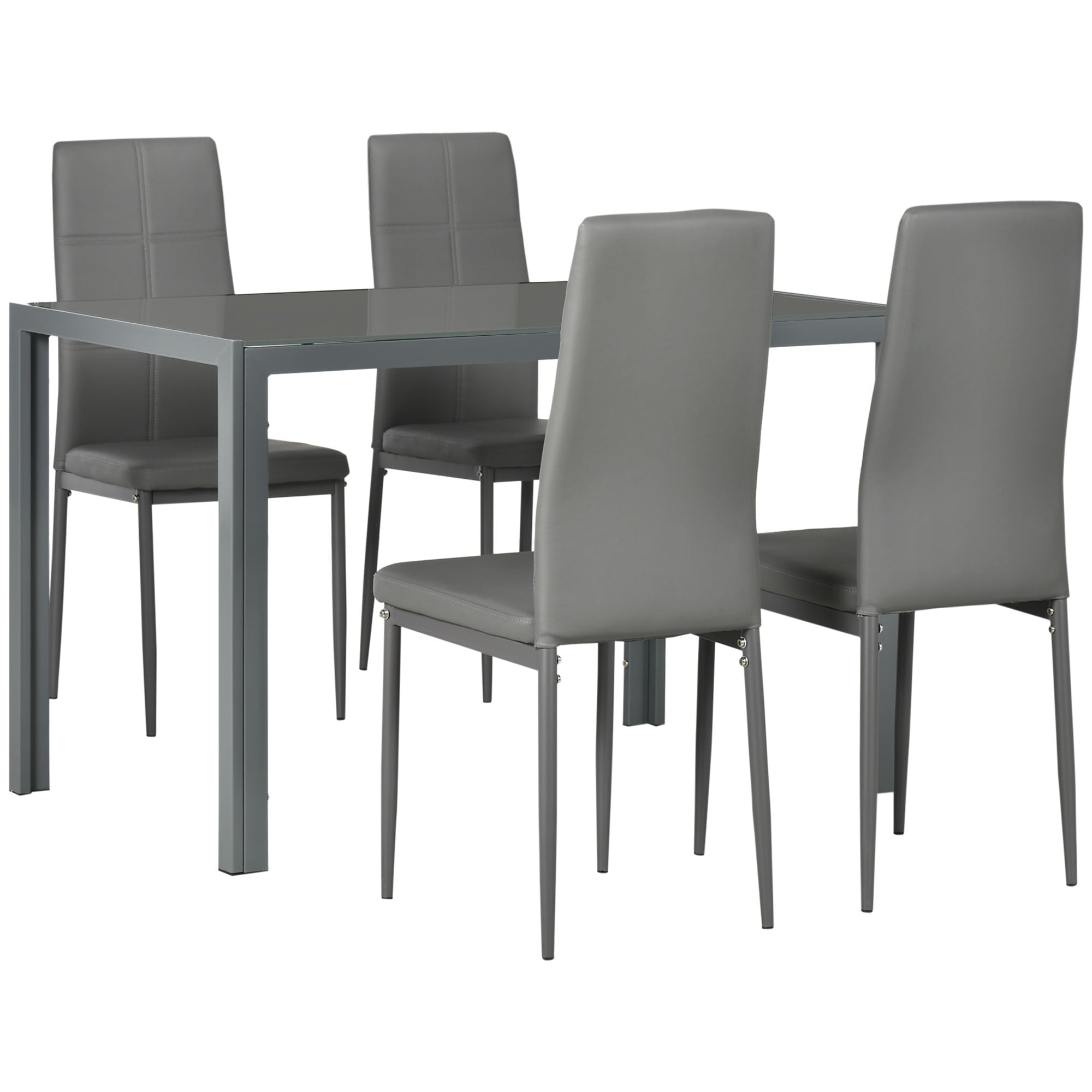 5-Piece Glass Kitchen Table & Chairs, Grey Metal Faux Leather Dining Set-DECOROLALA