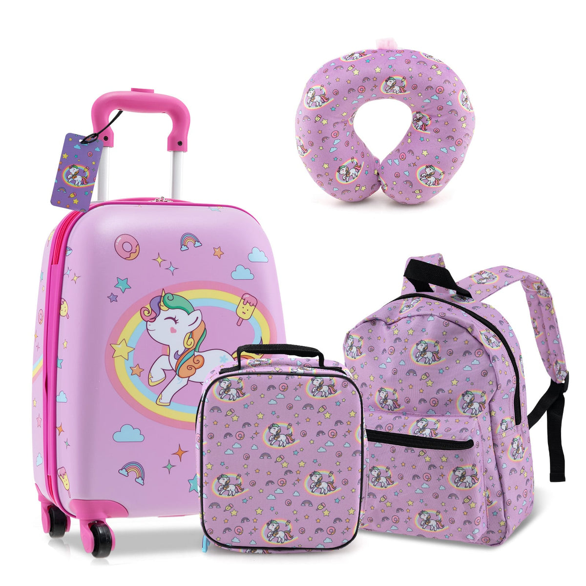 5 Piece Kids Luggage Set with Backpack Neck Pillow Name Tag Lunch Bag-Hot Pink-Kids Suitcases-DECOROLALA