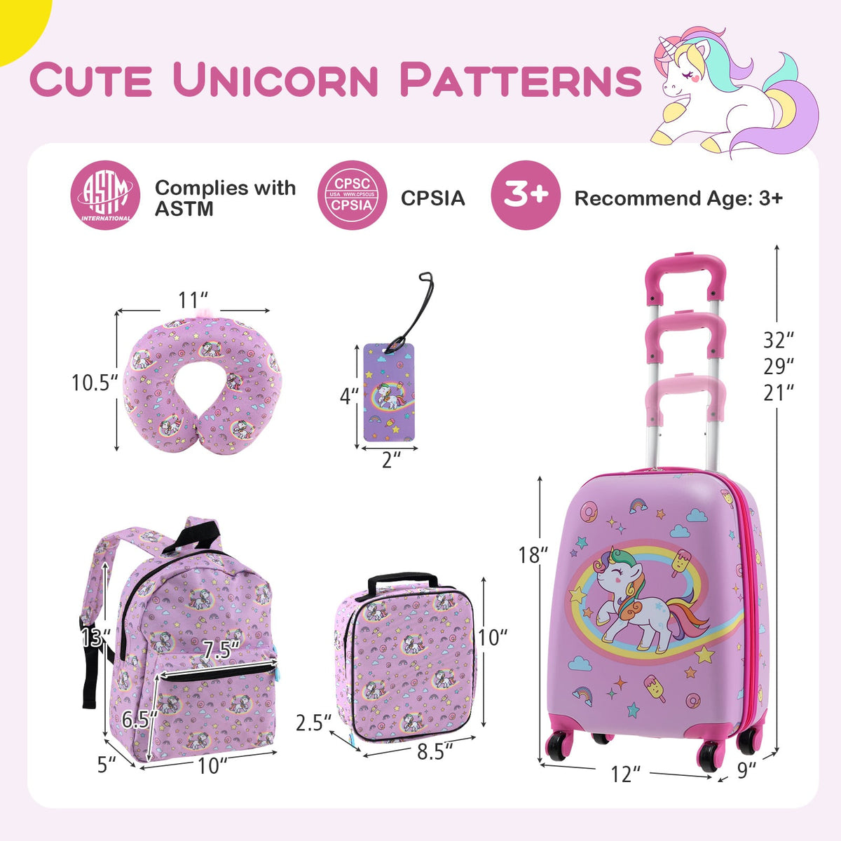 5 Piece Kids Luggage Set with Backpack Neck Pillow Name Tag Lunch Bag-Hot Pink-Kids Suitcases-DECOROLALA