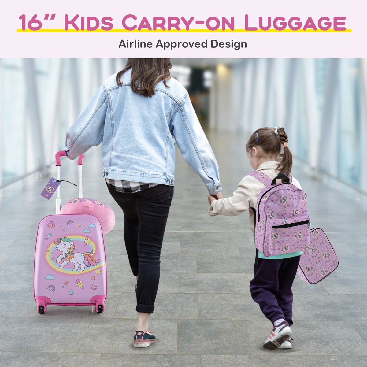 5 Piece Kids Luggage Set with Backpack Neck Pillow Name Tag Lunch Bag-Hot Pink-Kids Suitcases-DECOROLALA