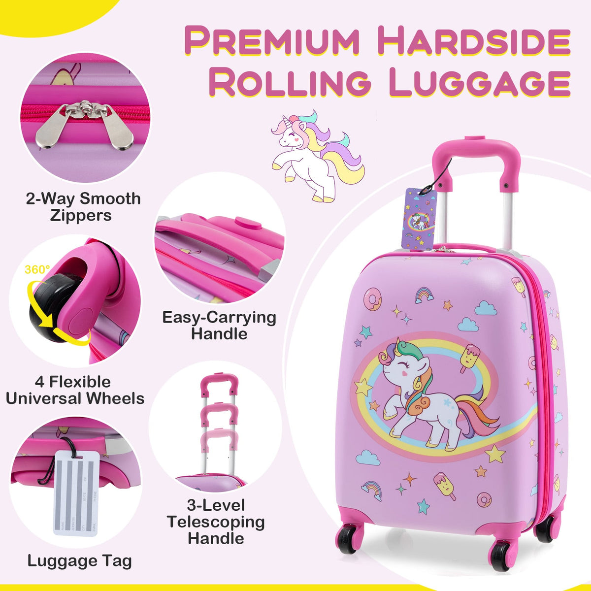 5 Piece Kids Luggage Set with Backpack Neck Pillow Name Tag Lunch Bag-Hot Pink-Kids Suitcases-DECOROLALA