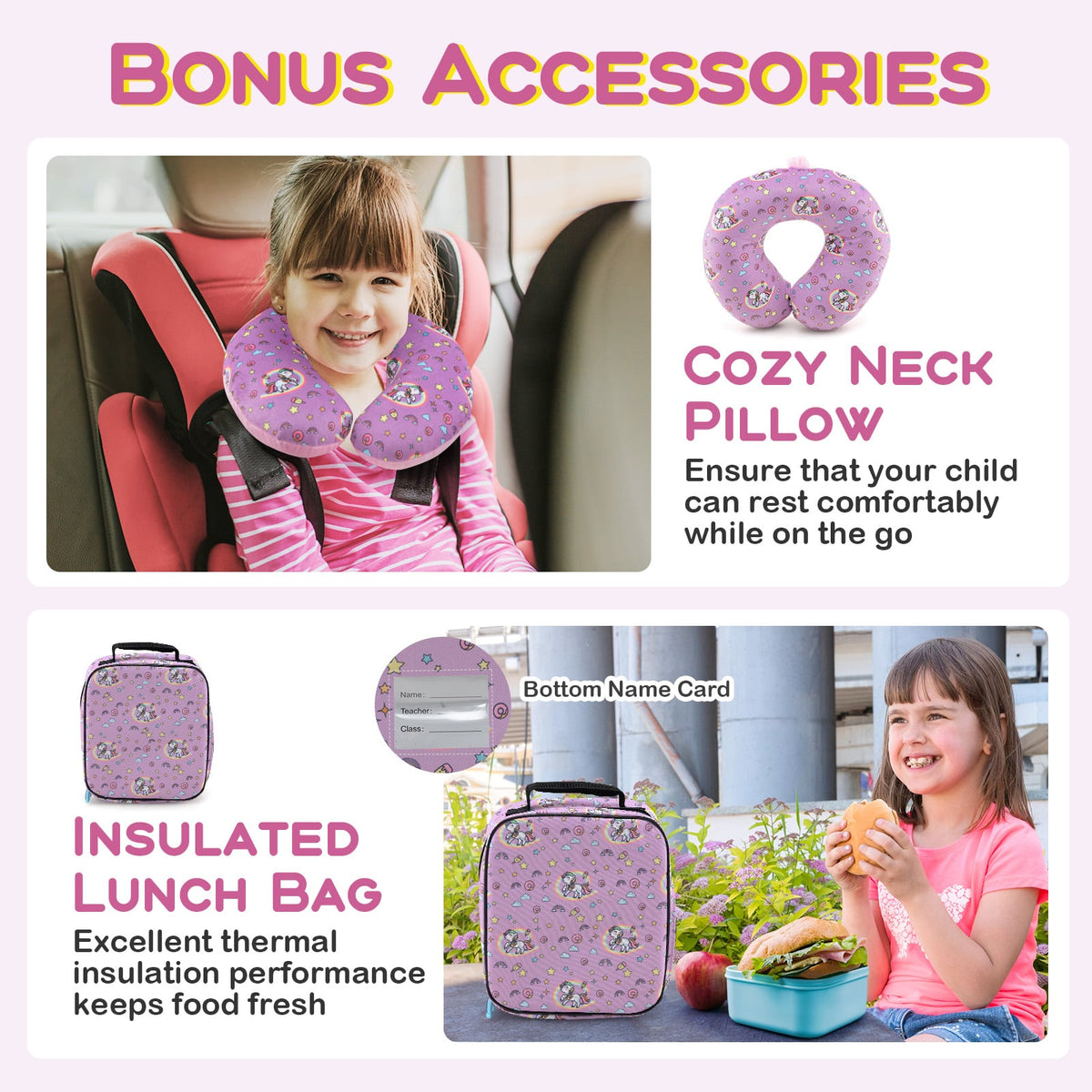 5 Piece Kids Luggage Set with Backpack Neck Pillow Name Tag Lunch Bag-Hot Pink-Kids Suitcases-DECOROLALA