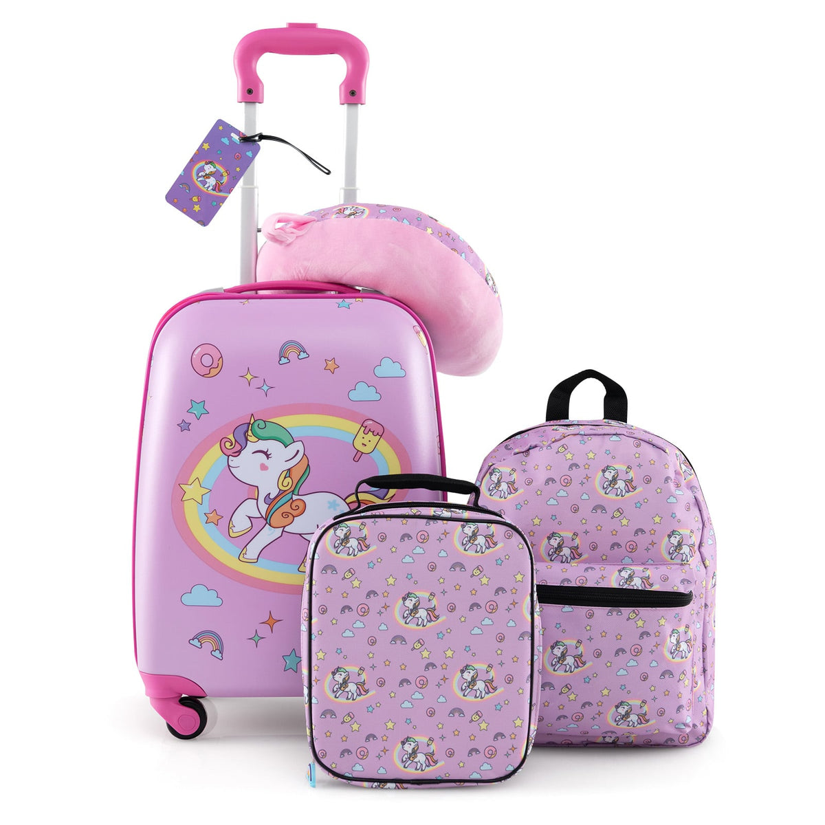 5 Piece Kids Luggage Set with Backpack Neck Pillow Name Tag Lunch Bag-Hot Pink-Kids Suitcases-DECOROLALA