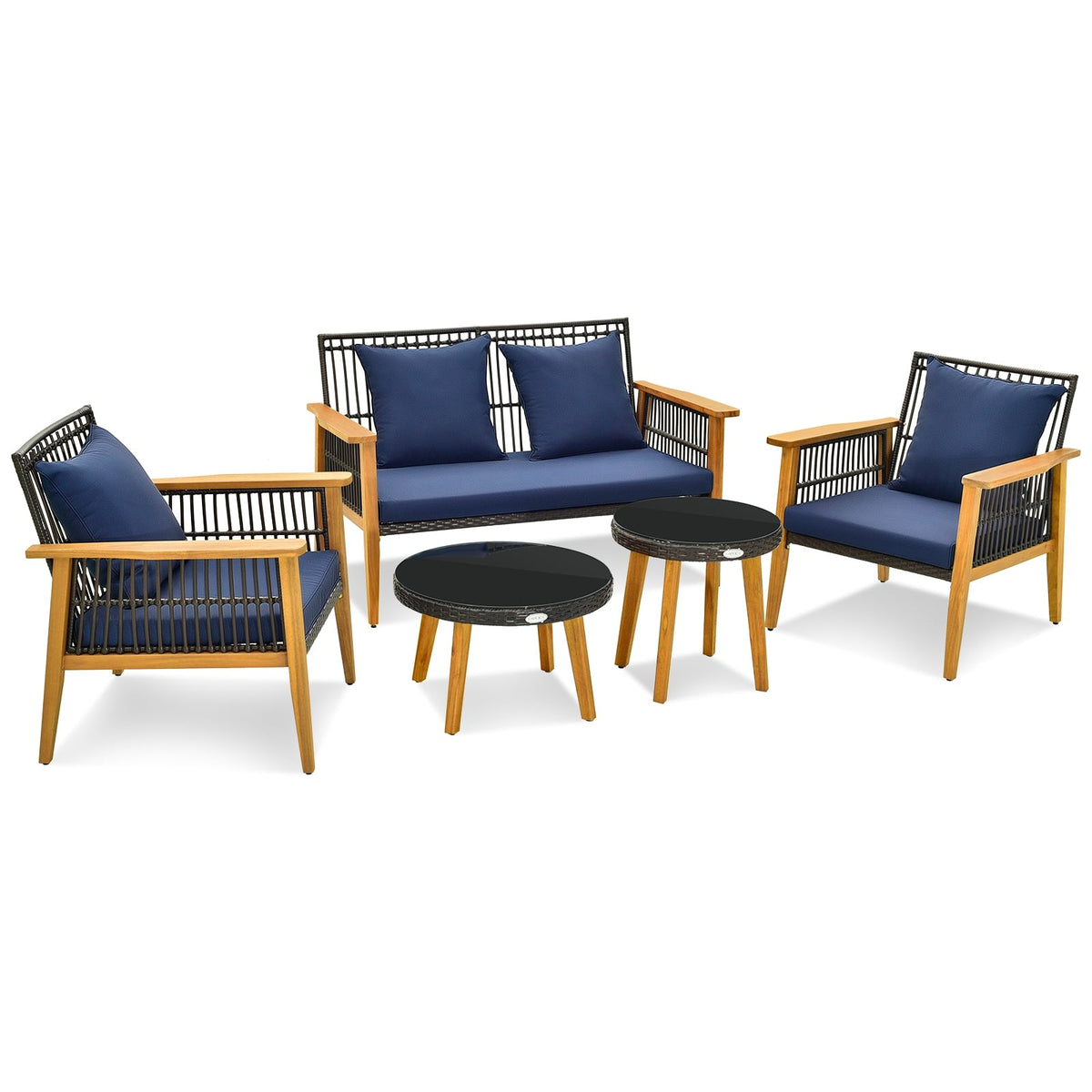 5 Piece Outdoor Conversation Set with 2 Coffee Tables for Backyard Poolside-Navy-Patio Conversation Sets-DECOROLALA