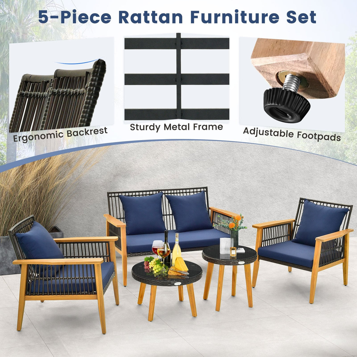 5 Piece Outdoor Conversation Set with 2 Coffee Tables for Backyard Poolside-Navy-Patio Conversation Sets-DECOROLALA