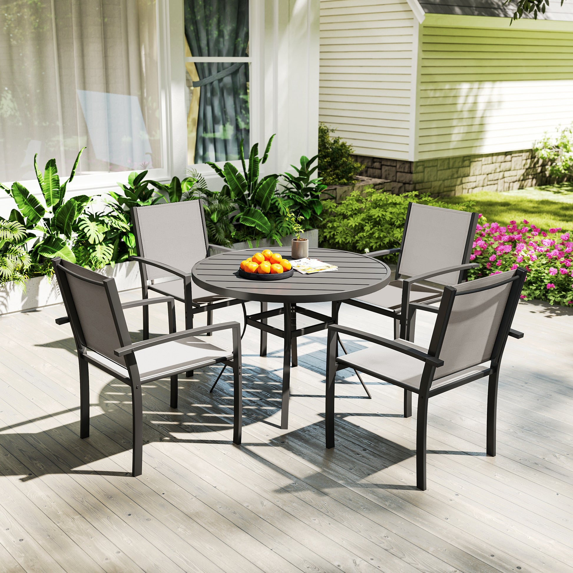 5-Piece Outdoor Dining Set - Round Table & 4 Chairs Grey-DECOROLALA