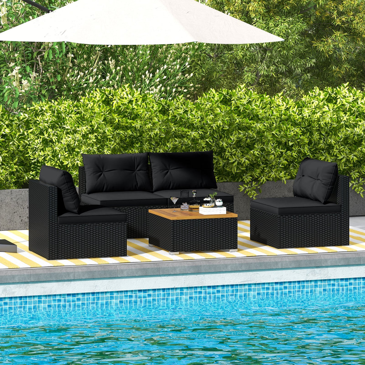 5 Piece Outdoor Furniture Set with Solid Tabletop and Soft Cushions-Black-Outdoor Sectional Sofas-DECOROLALA