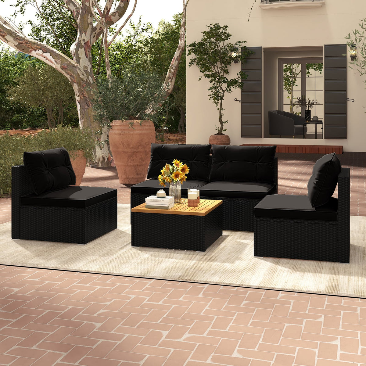 5 Piece Outdoor Furniture Set with Solid Tabletop and Soft Cushions-Black-Outdoor Sectional Sofas-DECOROLALA