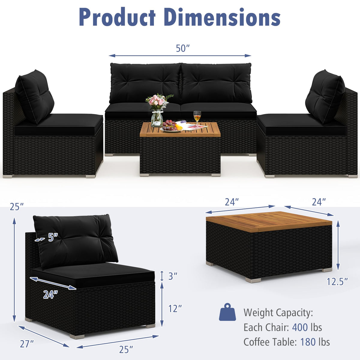 5 Piece Outdoor Furniture Set with Solid Tabletop and Soft Cushions-Black-Outdoor Sectional Sofas-DECOROLALA
