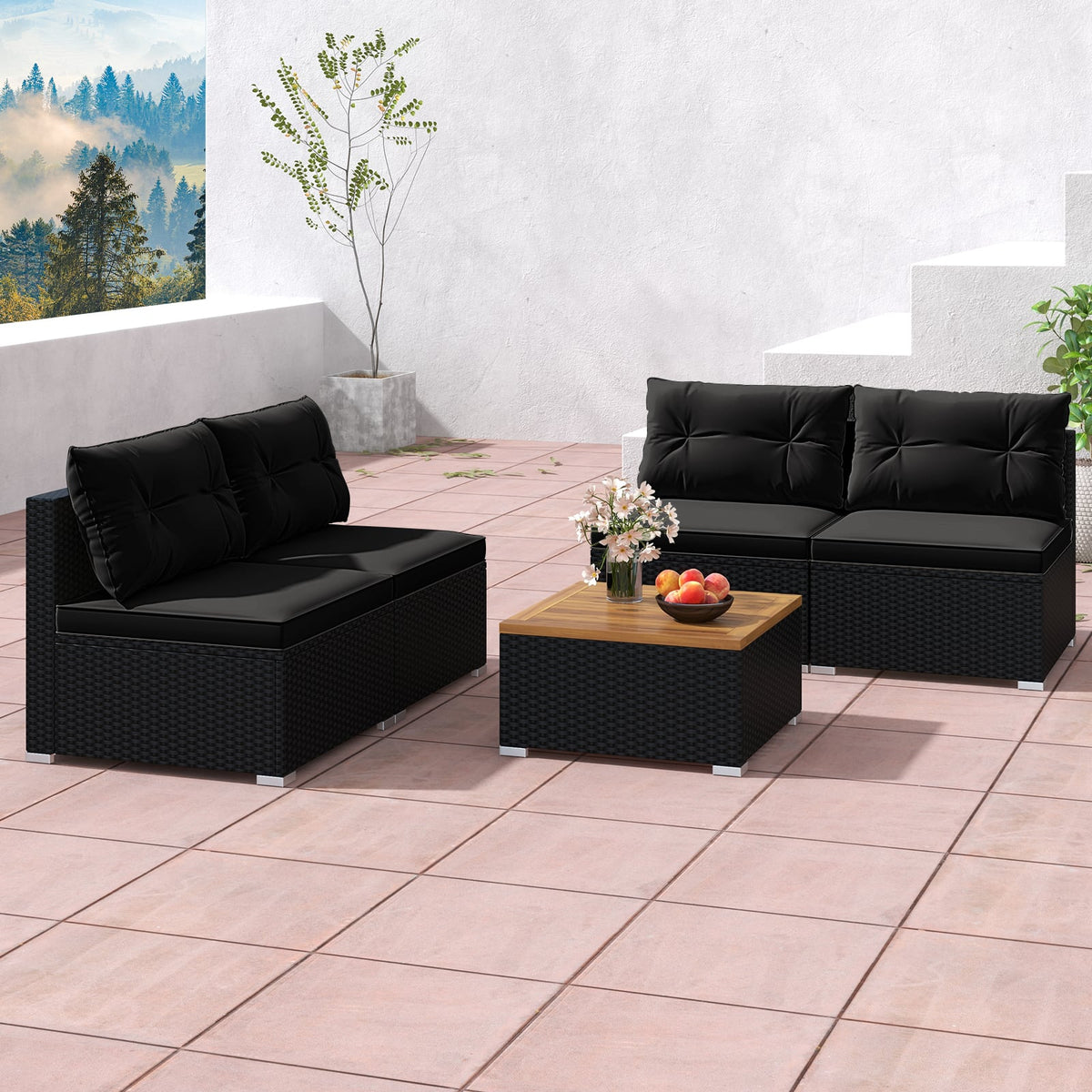5 Piece Outdoor Furniture Set with Solid Tabletop and Soft Cushions-Black-Outdoor Sectional Sofas-DECOROLALA
