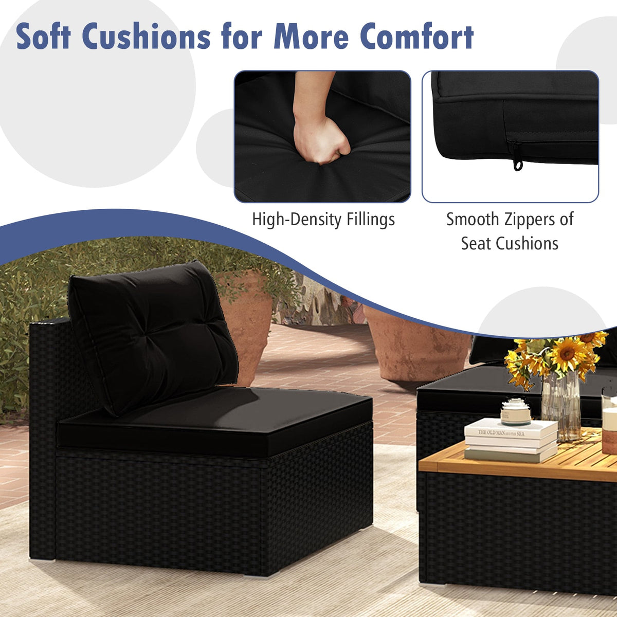 5 Piece Outdoor Furniture Set with Solid Tabletop and Soft Cushions-Black-Outdoor Sectional Sofas-DECOROLALA