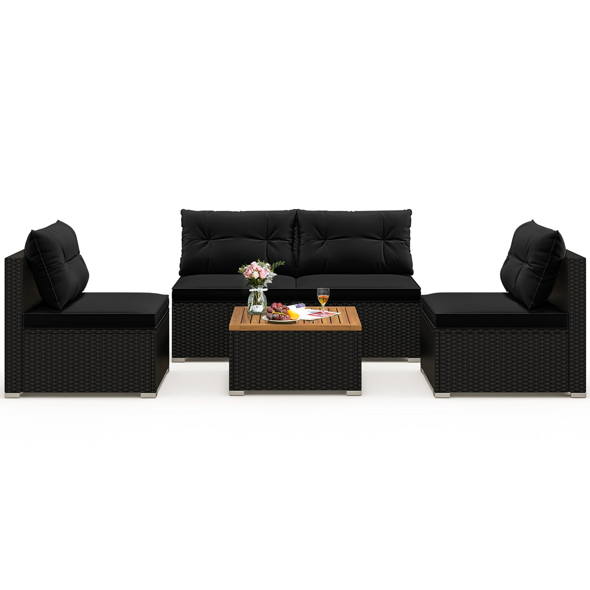 5 Piece Outdoor Furniture Set with Solid Tabletop and Soft Cushions-Black-Outdoor Sectional Sofas-DECOROLALA