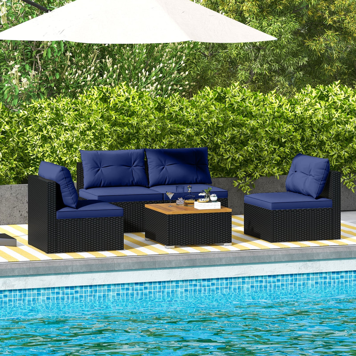 5 Piece Outdoor Furniture Set with Solid Tabletop and Soft Cushions-Navy-Outdoor Sectional Sofas-DECOROLALA