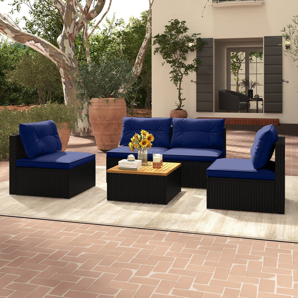 5 Piece Outdoor Furniture Set with Solid Tabletop and Soft Cushions-Navy-Outdoor Sectional Sofas-DECOROLALA