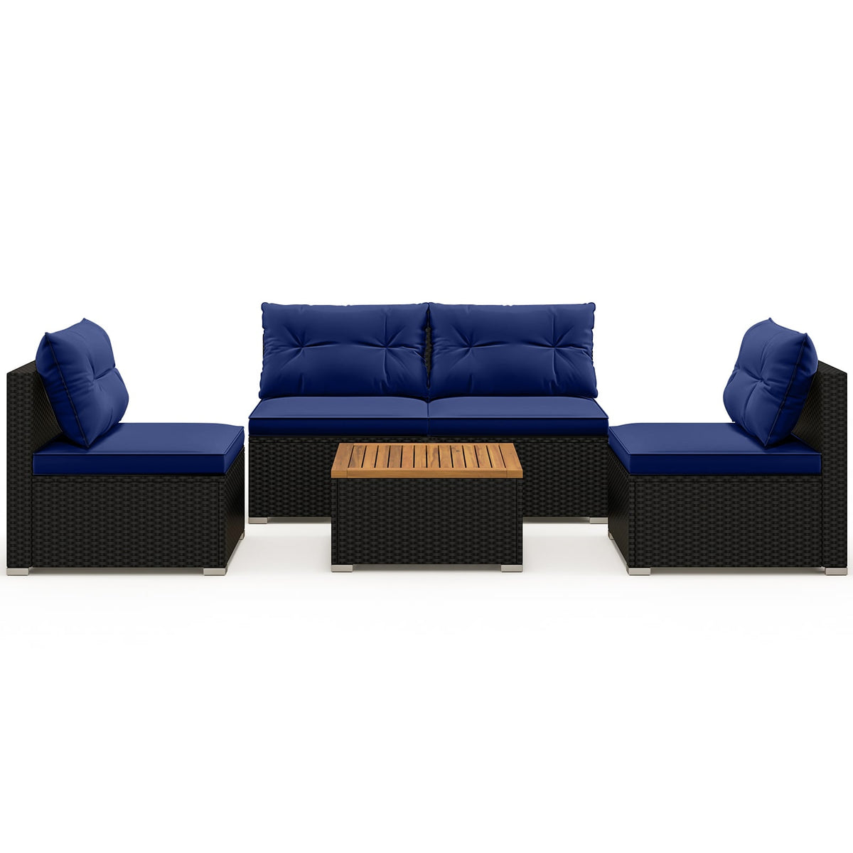 5 Piece Outdoor Furniture Set with Solid Tabletop and Soft Cushions-Navy-Outdoor Sectional Sofas-DECOROLALA