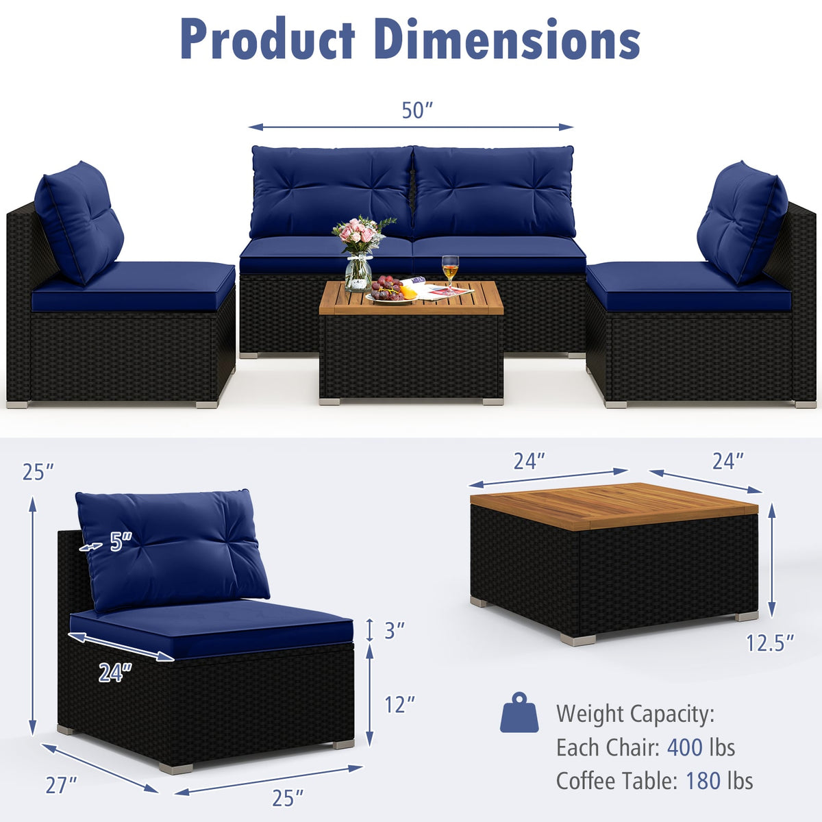 5 Piece Outdoor Furniture Set with Solid Tabletop and Soft Cushions-Navy-Outdoor Sectional Sofas-DECOROLALA