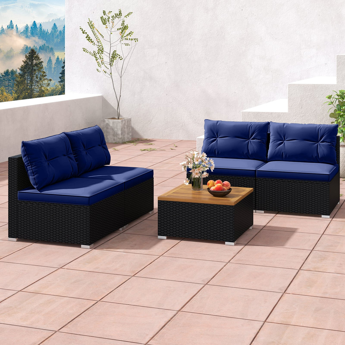 5 Piece Outdoor Furniture Set with Solid Tabletop and Soft Cushions-Navy-Outdoor Sectional Sofas-DECOROLALA