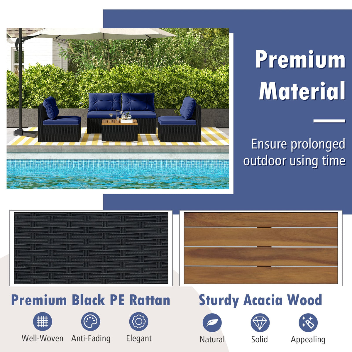 5 Piece Outdoor Furniture Set with Solid Tabletop and Soft Cushions-Navy-Outdoor Sectional Sofas-DECOROLALA
