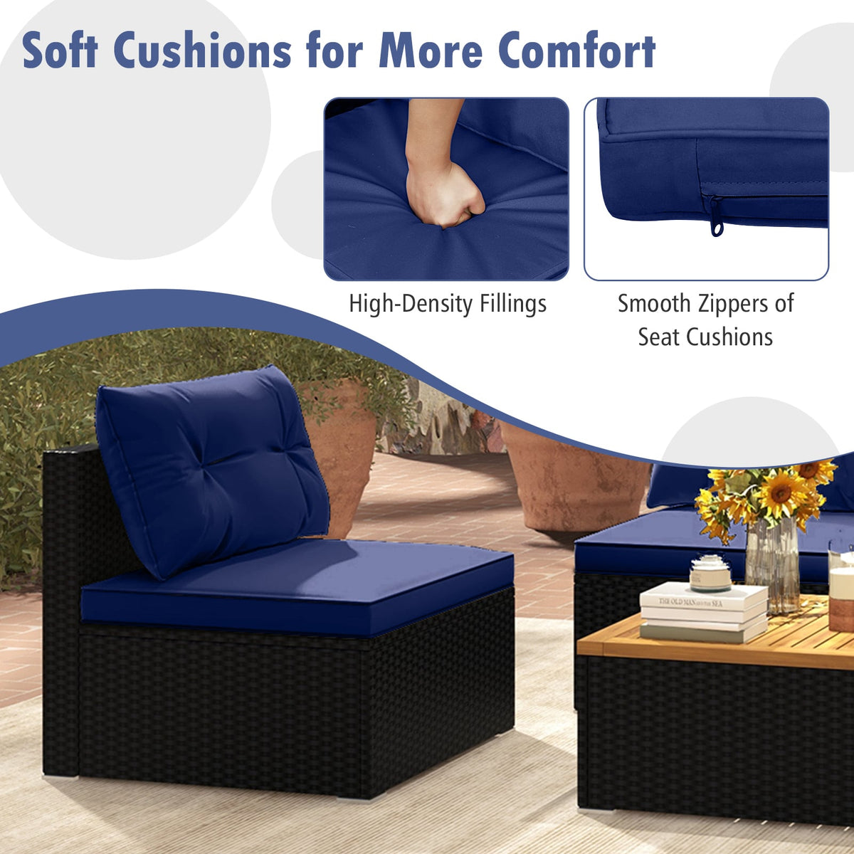 5 Piece Outdoor Furniture Set with Solid Tabletop and Soft Cushions-Navy-Outdoor Sectional Sofas-DECOROLALA