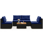 5 Piece Outdoor Furniture Set with Solid Tabletop and Soft Cushions-Navy-Outdoor Sectional Sofas-DECOROLALA