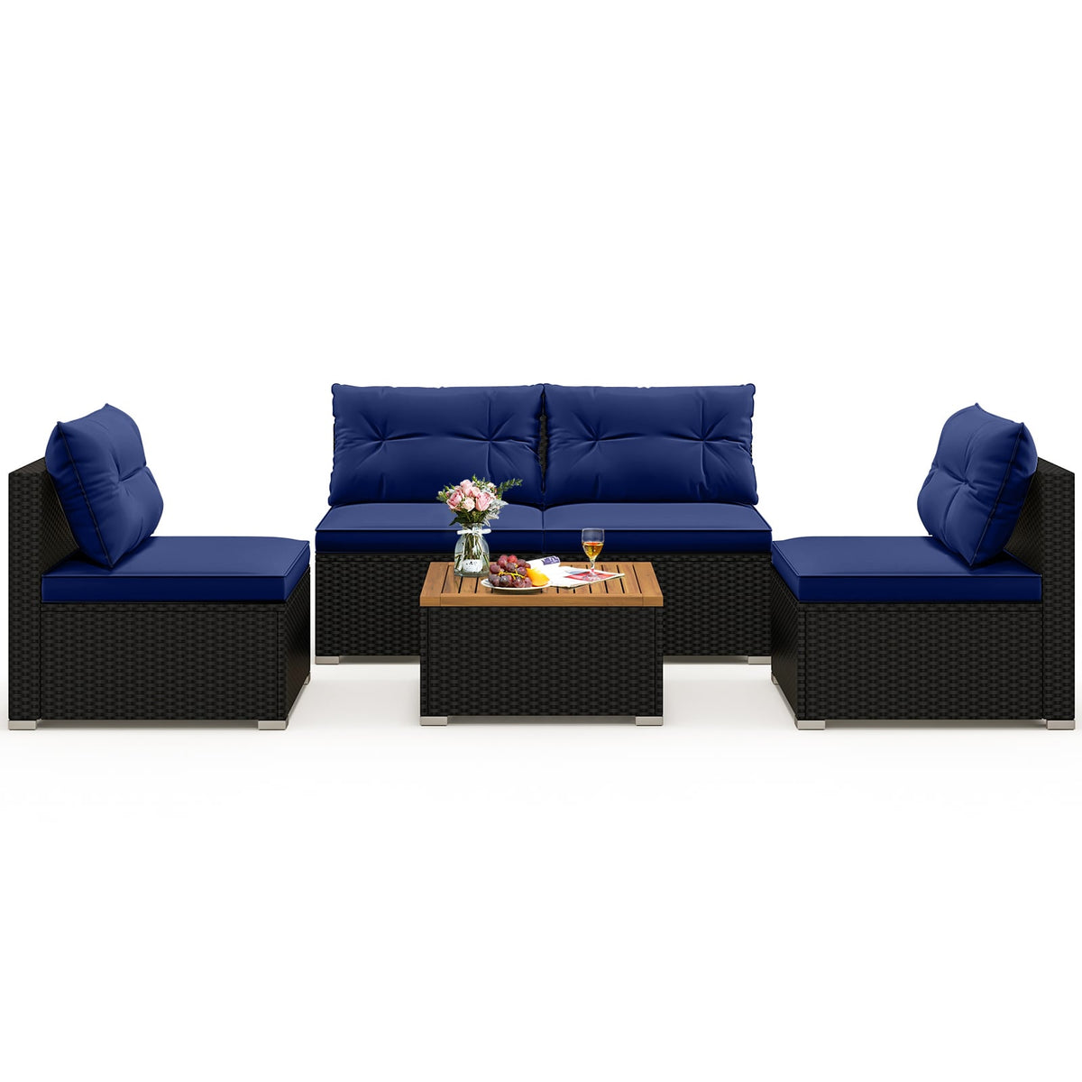 5 Piece Outdoor Furniture Set with Solid Tabletop and Soft Cushions-Navy-Outdoor Sectional Sofas-DECOROLALA