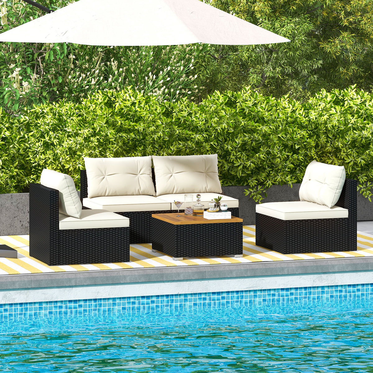 5 Piece Outdoor Furniture Set with Solid Tabletop and Soft Cushions-Off White-Outdoor Sectional Sofas-DECOROLALA