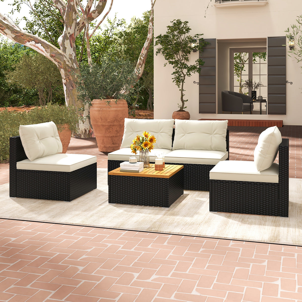 5 Piece Outdoor Furniture Set with Solid Tabletop and Soft Cushions-Off White-Outdoor Sectional Sofas-DECOROLALA