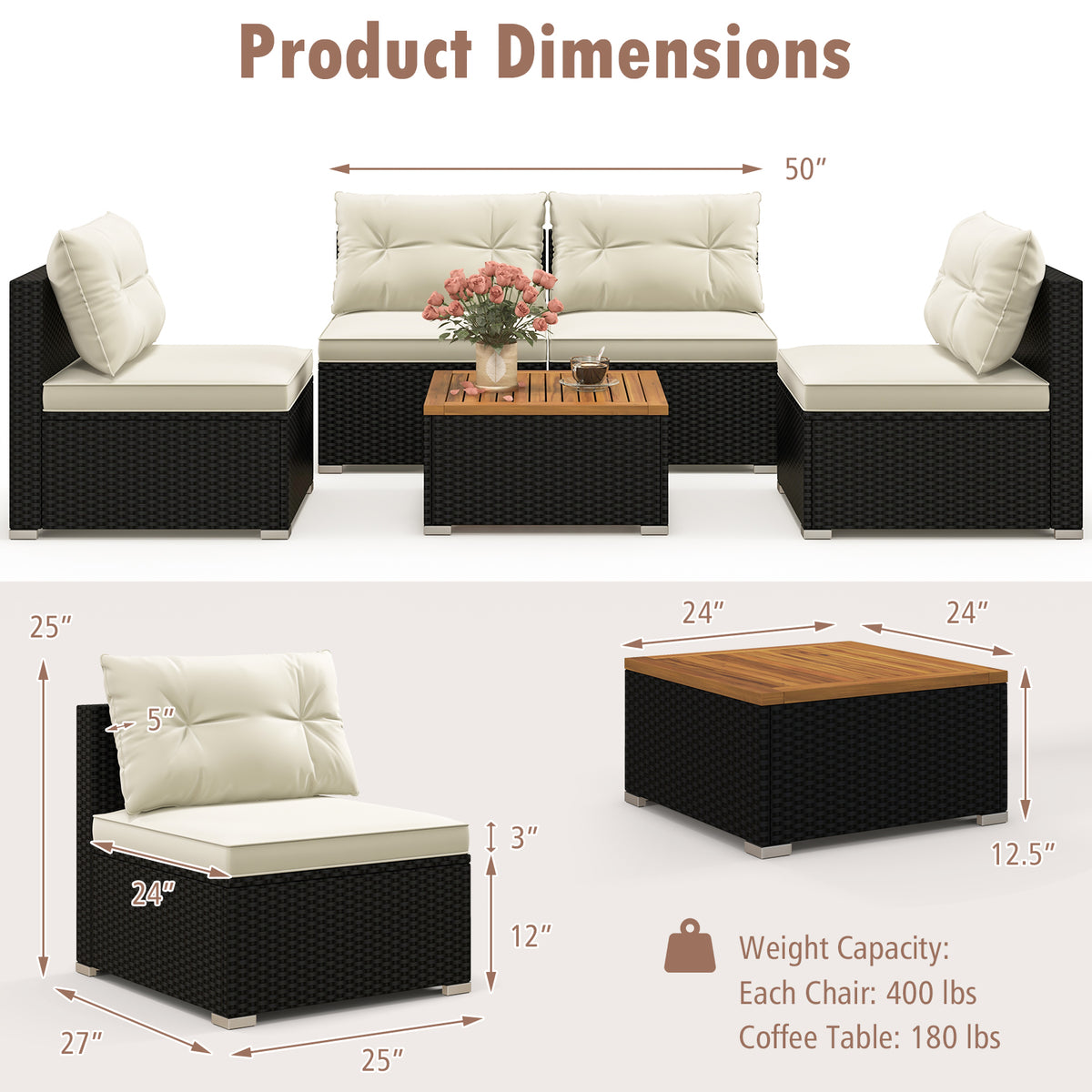 5 Piece Outdoor Furniture Set with Solid Tabletop and Soft Cushions-Off White-Outdoor Sectional Sofas-DECOROLALA