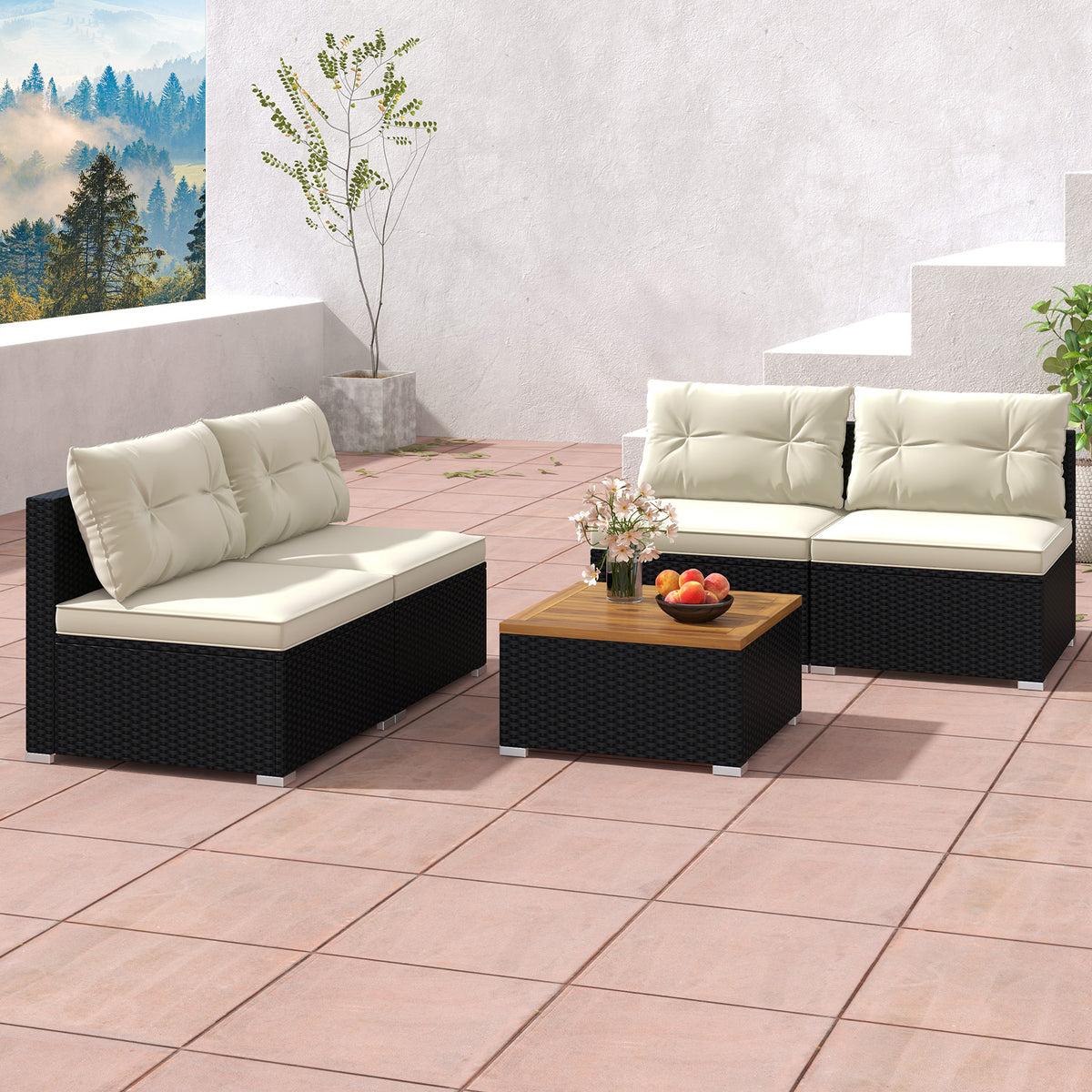 5 Piece Outdoor Furniture Set with Solid Tabletop and Soft Cushions-Off White-Outdoor Sectional Sofas-DECOROLALA